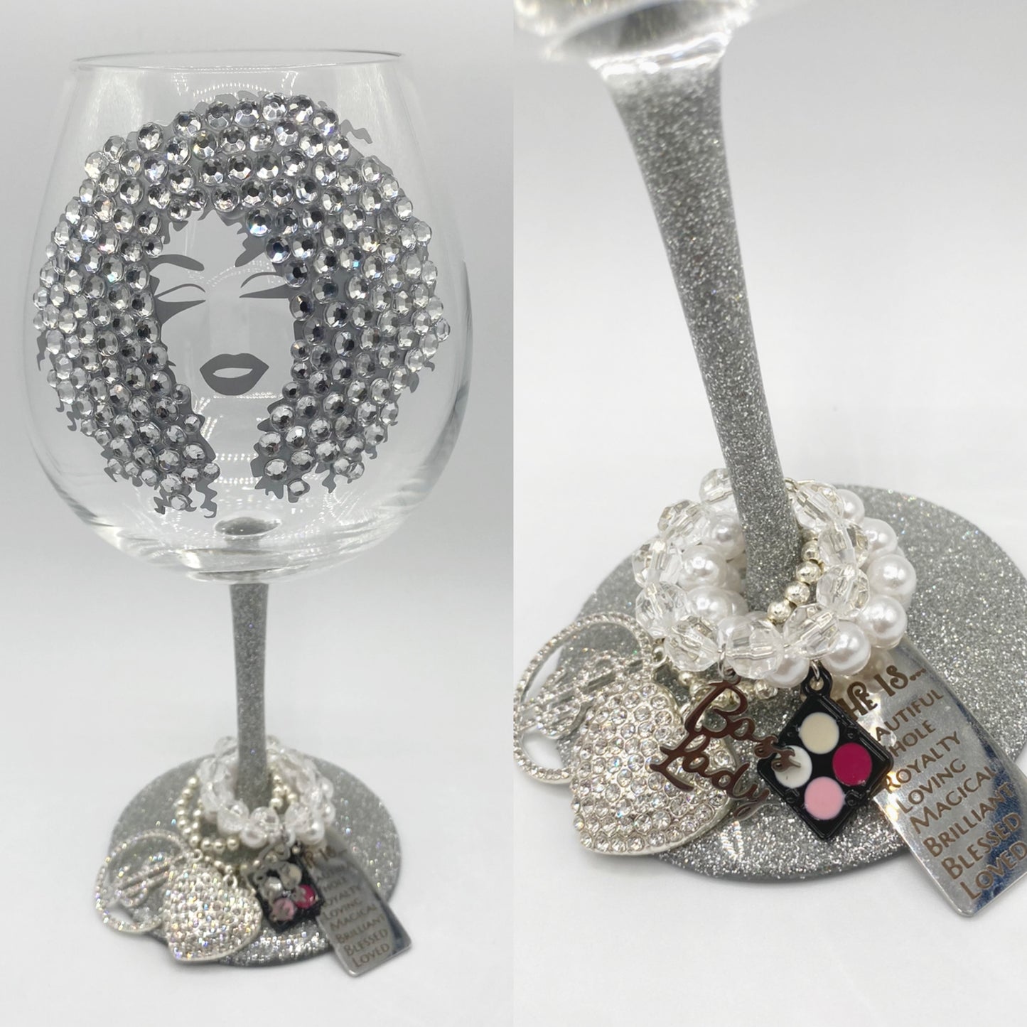 Curly Hair Lady Rhinestone Wine Glass