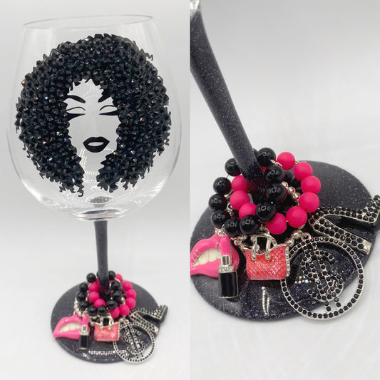 Curly Hair Lady Rhinestone Wine Glass