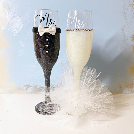 Mr. and Mrs. champagne wedding glasses