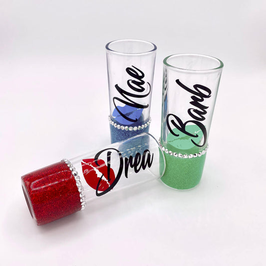 2oz rhinestone shot glasses with glitter, lip, and name