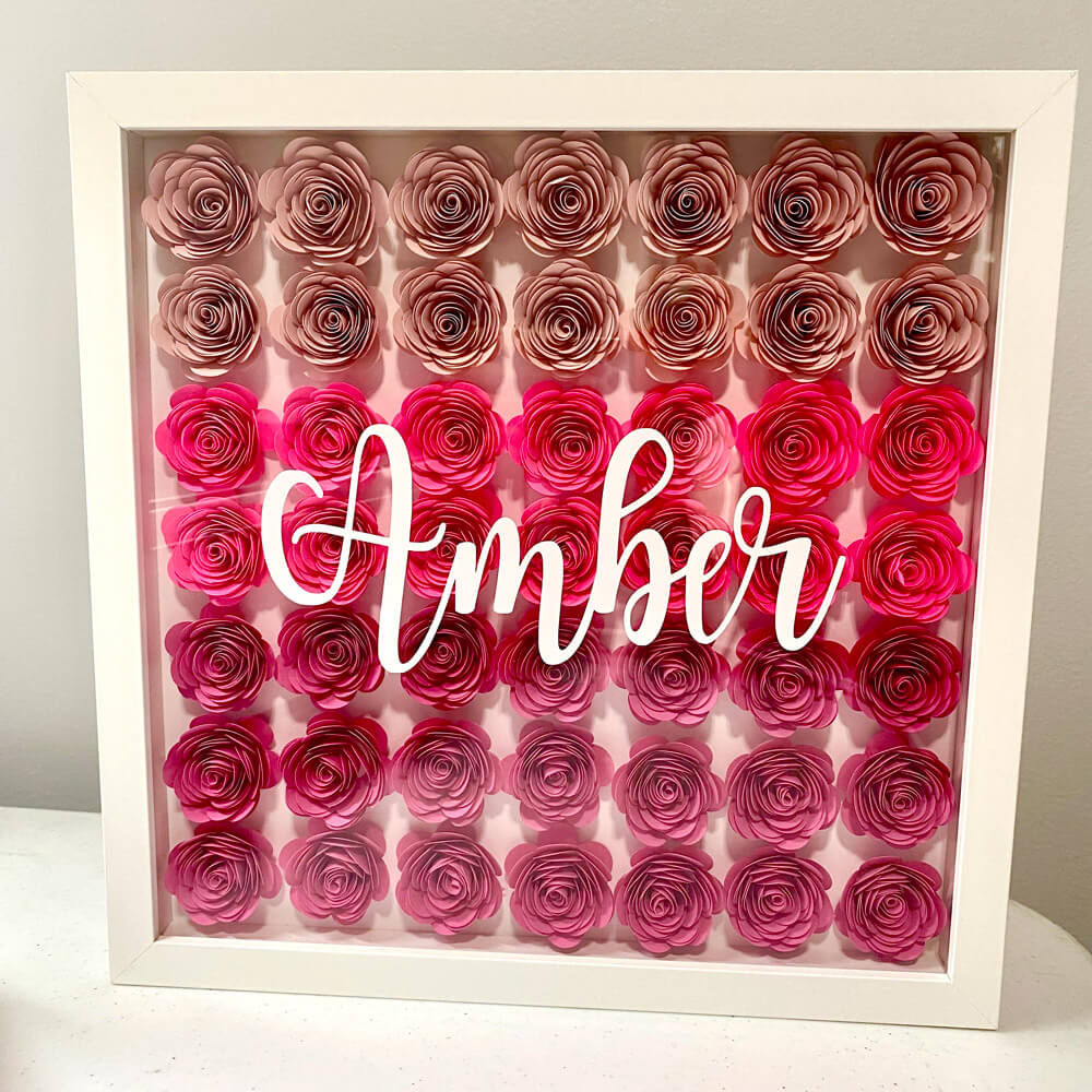 Pink ombré flower box with name