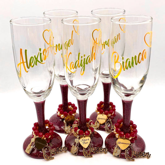 6.25oz champagne wine glass with name and charms