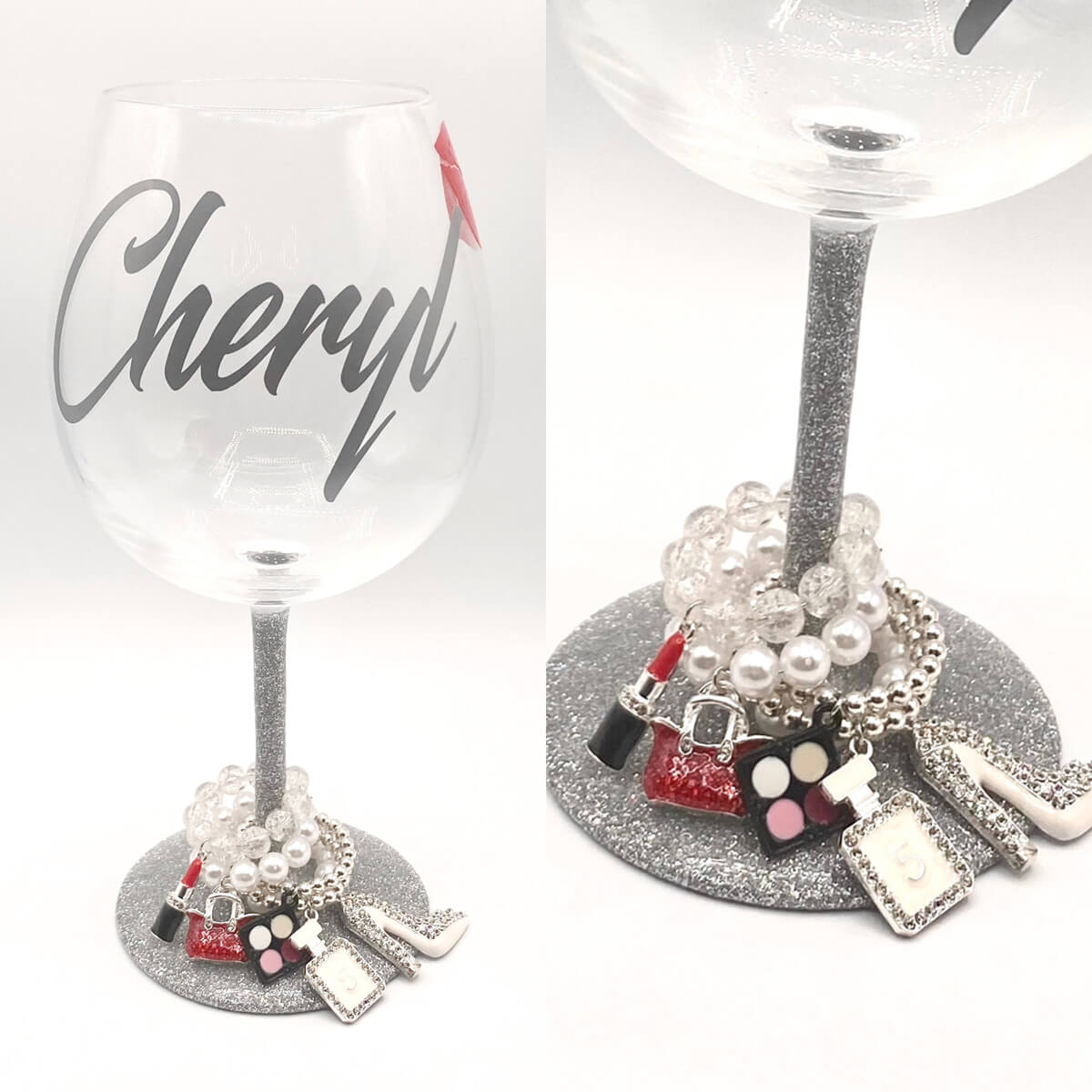 23oz gray glitter wine glass with name and charms