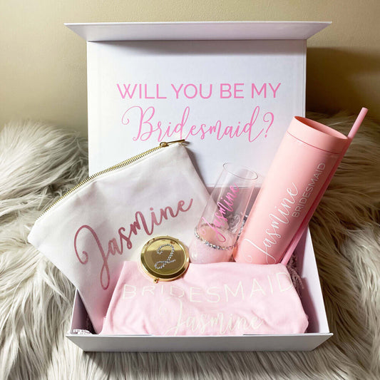 Deluxe bridal box set with tumbler, shirt, pocket mirror, makeup pouch, and stemless wine glass
